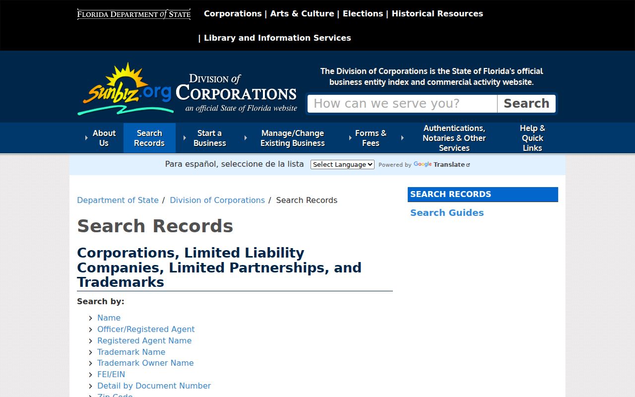 Bradenton residents directory Florida Sunbiz search menu